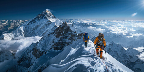 Fototapeta premium Achieving Success Two Climbers Conquer the Summit of a Majestic Mountain under the Radiant Sun