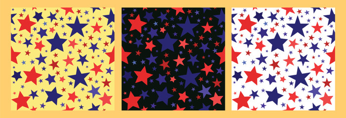 3 seamless patterns with star theme USA. Have 3 colour white black, yellow in 3 picture can fit in edge.