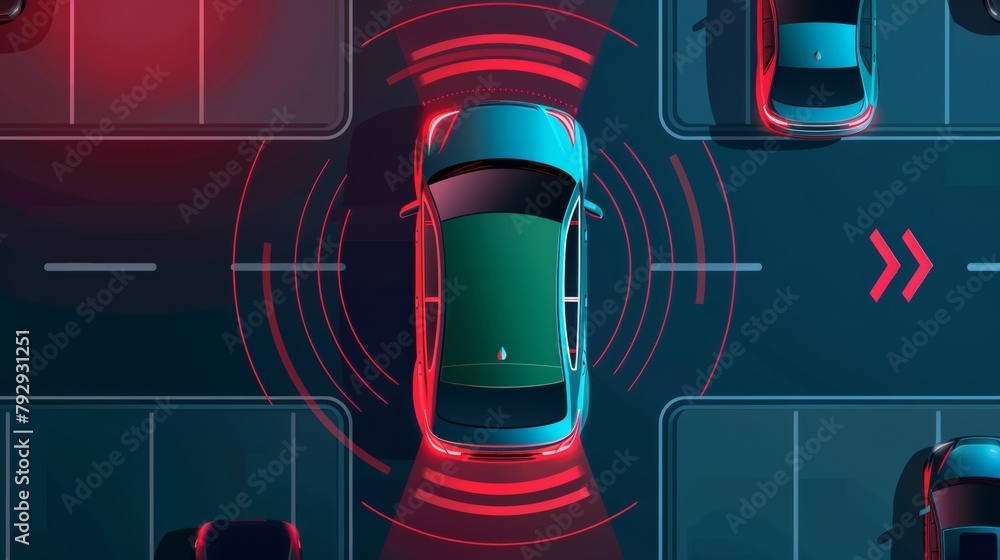 Poster an illustration showing advanced driving assistant system (adas), blind spot monitoring technology, 