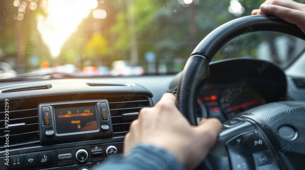 Poster the dashboard of a car with a radio set up close up.