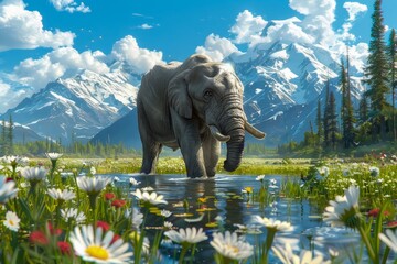 Idyllic Scenery with Elephant by Lake with Mountain Range Reflection, Lush Meadows and Daisies...