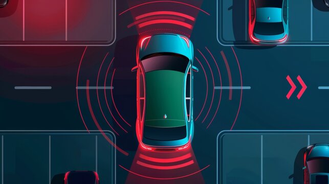 An illustration showing Advanced Driving Assistant System (ADAS), Blind Spot Monitoring technology, and automobile sensing technology in a top view.