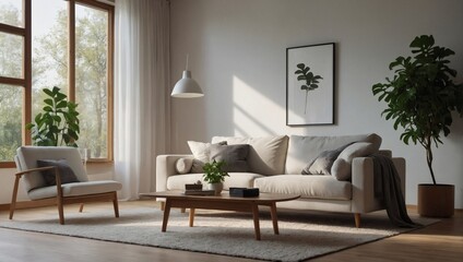 Light-filled modern living room with a white sofa, floor lamp, and verdant greenery on wooden laminate. Scandinavian style, inviting atmosphere. - obrazy, fototapety, plakaty