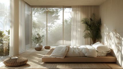 Clean, minimalist bedroom decor with soft textiles and soothing colors, promoting restful sleep.