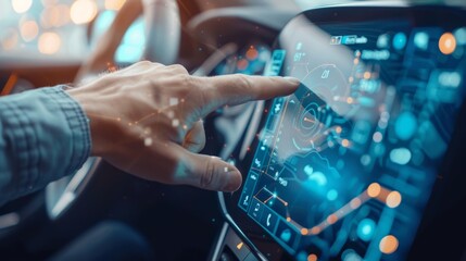 Transport, technology, and vehicle concept - a man uses the car system control through a panel button interface with a touchscreen interface, GPS and DVD, vintage colors, GPS, DVD player, etc.