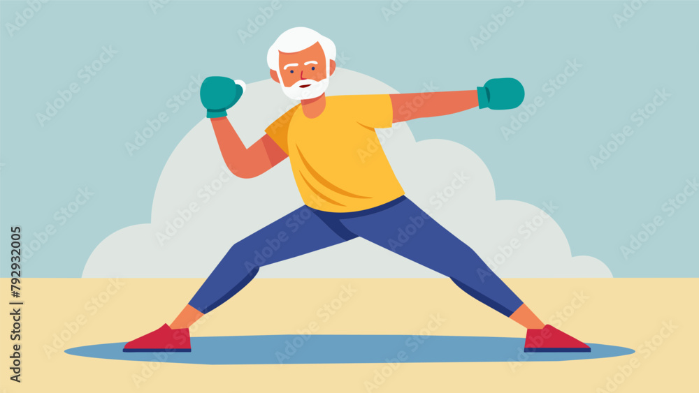 Poster an older adult participating in a kickboxing class using modified techniques and exercises to preven