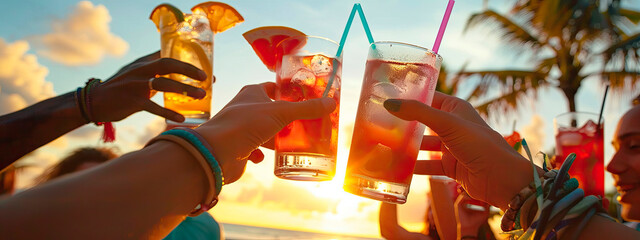 friends drinking cocktails on the beach. Selective focus.
