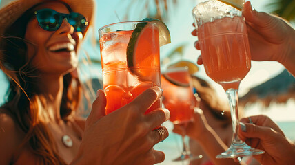 friends drinking cocktails on the beach. Selective focus.