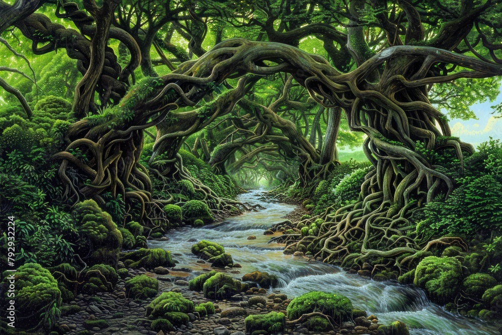 Poster enchanted forest scenery with mystic trees and magical light filtering through foliage next to a ser