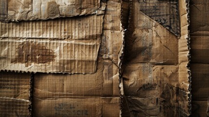 Collage of torn cardboard boxes, revealing hidden stories within the fragments. Abstract narrative...