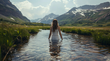 Woman in dreamy mountain stream - Powered by Adobe