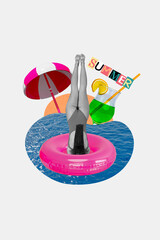 Vertical photo collage of girl dive back lifebuoy pool party cocktail glass umbrella relax vacation...