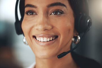 Call center, smile and vision with woman consultant in telemarketing office for help or sales....