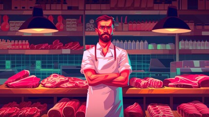 Butcher showcasing quality cuts at meat counter
