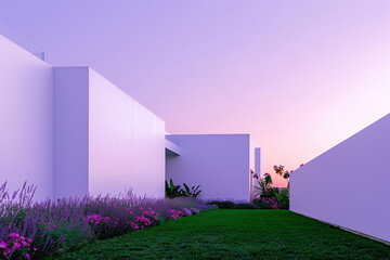 Twilight's lavender light bathes a minimalist home, its white walls and vibrant lawn suggesting...