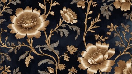 Luxurious Bronze Textile, Silk Velvet with Floral Accents, Gold Embroidery, and a Sophisticated Abstract Wallpaper Design