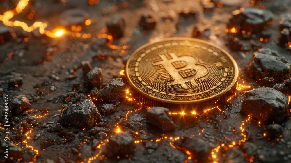 Poster symbol of bitcoin with technical theme and concept of online trading