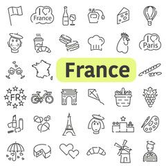 Sights of France. Thin line icons with space. Welcome to France. Vector icons about France.