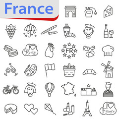 Thin line icons. Welcome to France. Vector icons about France. Sights of France.