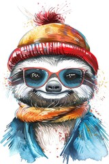 Fototapeta premium A sloth sporting a warm winter hat and colorful scarf