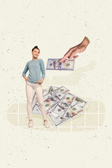 Vertical photo collage of beautiful girl receive salary banknotes dollars charity hand pay cash...