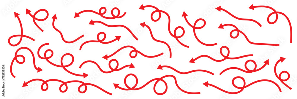 Poster hand drawn scribble red arrow set. arrow mark icons. doddle arrow set. collection of hand drawn arro