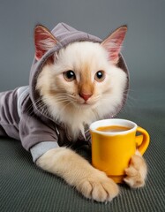 Filhote de gato tomando uma xicara de caf&eacute;