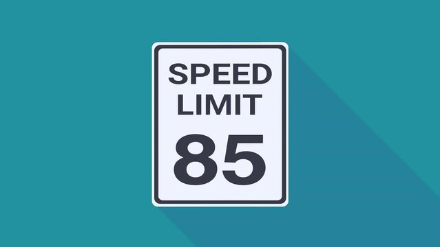 Appearance of a rectangular black and white 85 mph speed limit road sign from the USA on a blue background with long shadow in flat design style