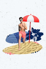 Vertical photo collage of happy young man run sand seaside umbrella palm leaves vacation summer...
