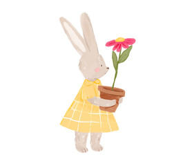 Cute little bunny with flowers, beautiful watercolor illustration. Mother's Day vector clip art. Perfect for greeting cards, invitations, banners, posters, textile, covers. 
