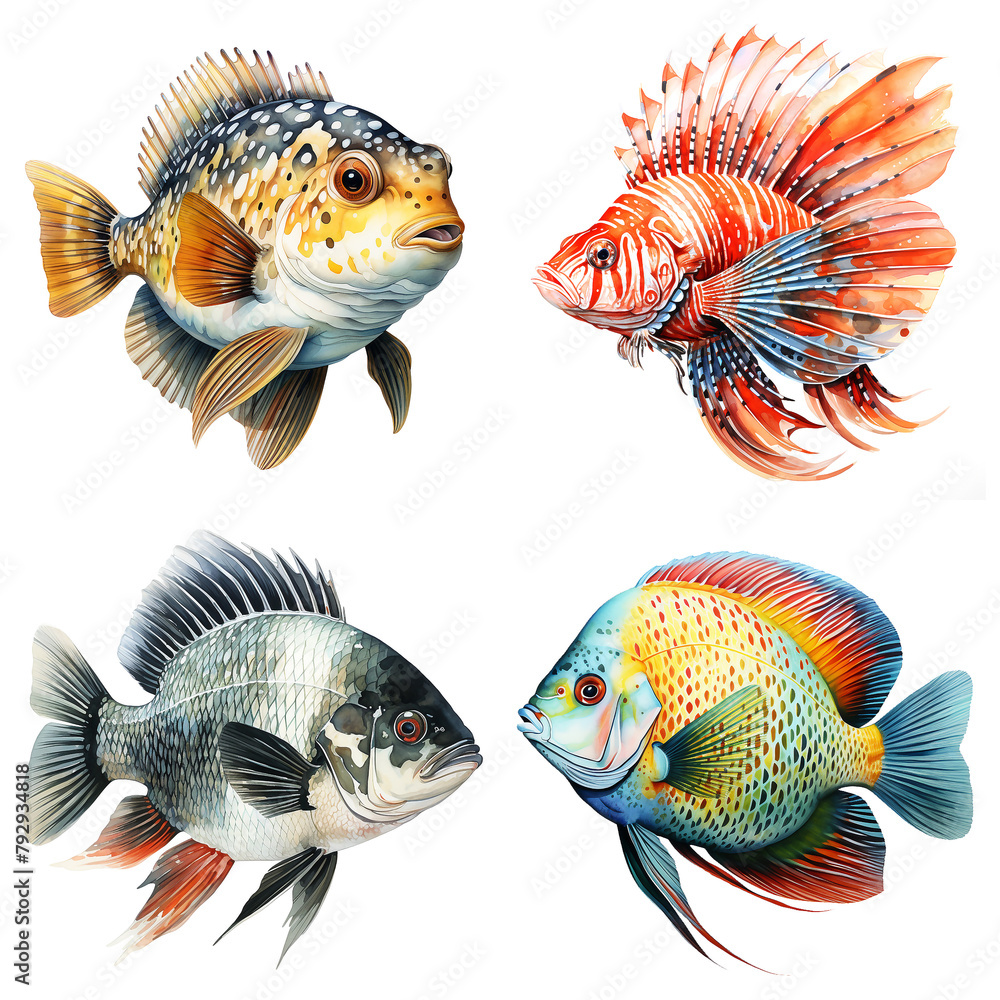 Wall mural watercolor tropical fish clipart set lionfish butterflyfish pufferfish tetra fish isolated on white