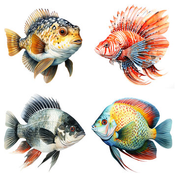 watercolor tropical fish clipart set lionfish butterflyfish pufferfish tetra fish isolated on white