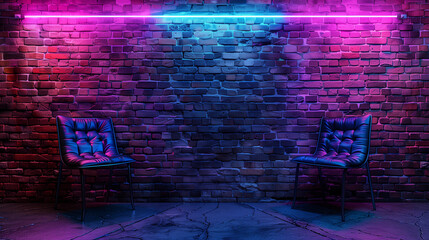 Modern futuristic neon lights on old grunge brick wall room background. 3d rendering.