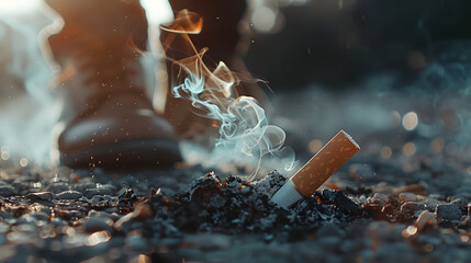 close-up a burning cigarette on ground, no tobacco stop smoking anti drug day concept - obrazy, fototapety, plakaty