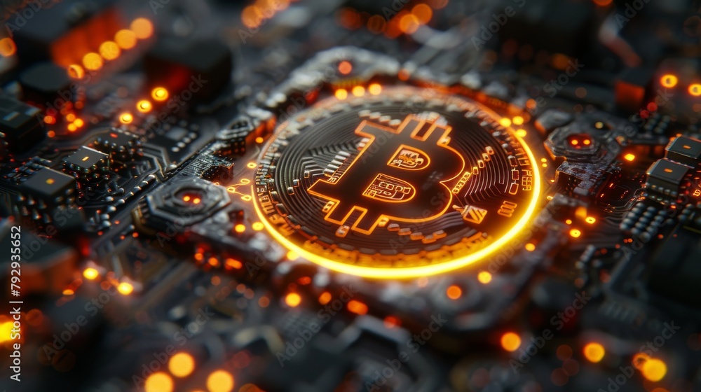 Poster An electronic board pattern combined with bitcoin symbol is the concept of cryptocurrency online trading in a digital technological theme.