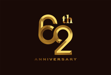 Golden 62 year anniversary celebration logo, Number 62 forming infinity icon, can be used for birthday and business logo templates, vector illustration