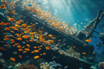 Fototapeta na wymiar Coral Kingdom Chronicles: Fish Among the Wreckage