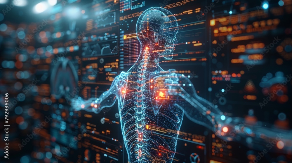 Poster back x-ray graphic with digital science interface for spinal and bone scans for orthopedics