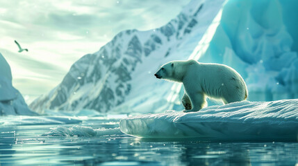 north pole landscape,  polar bear in polar regions, winter season - obrazy, fototapety, plakaty