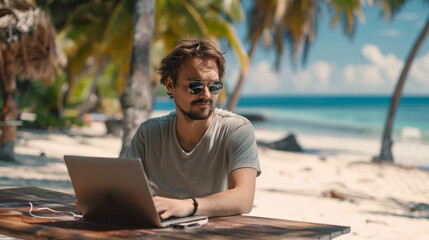 man working on laptop at the beach, vacation, fastwork, freelancer