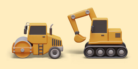 3D road roller, excavator, side view. Modern heavy construction equipment