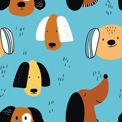 Vector seamless repeating childish pattern with cute dogs in Scandinavian style. Animals background with dog, pets, puppy for invitation, poster, card, flyer, textile, fabric