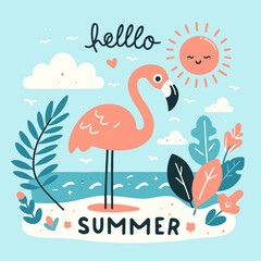 Naklejka premium vector illustration of Hello summer with text and cute animals 