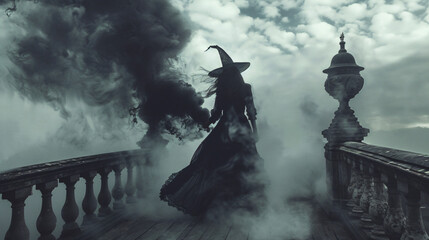 Young attractive Witch walking on the bridge 