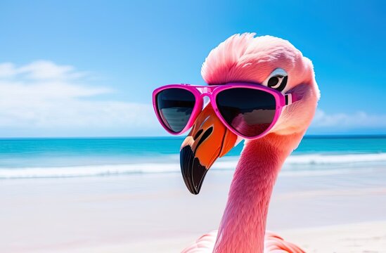 flamingo close-up in dark sunglasses. Close up image of head of Flamingo against blur background.  Pink flamingo wearing summer sunglasses. Summer background