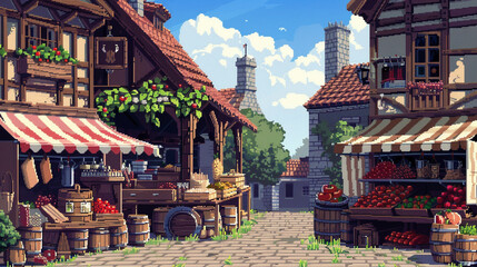 2d pixel art of medieval market, medieval town, blue sky, game art