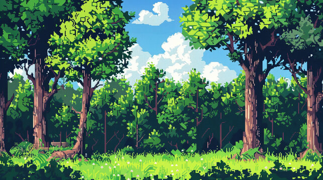 2d pixel art of forest, trees and bush, game art, 16 bit, 32 bit