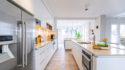 a beautiful modern, clean kitchen with perfectly bright diffuse lighting