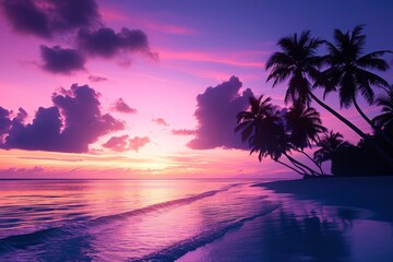 Sunset on a Tropical Beach with Palm Trees