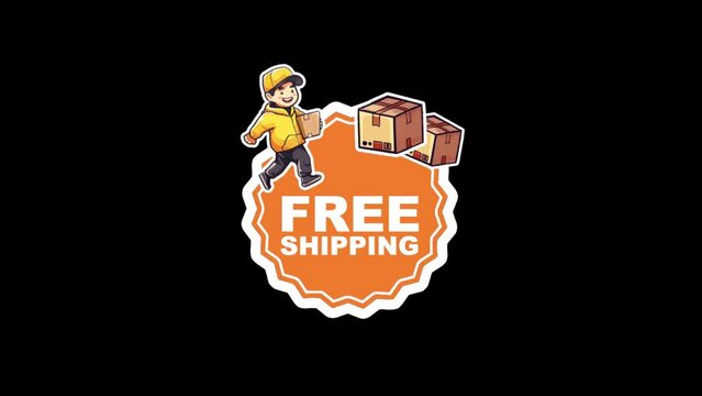 Orange Free Shipping Sticker with Happy Courier and Cardboard Boxes. On A Transparent Background